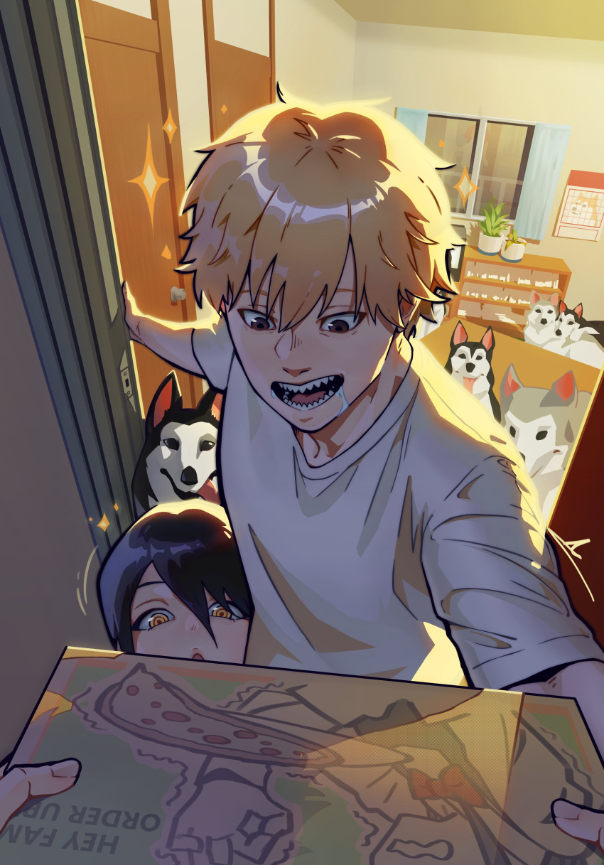 1boy, 1girl, 1other, absurdres, black_hair, blonde_hair, chainsaw_man, denji_(chainsaw_man)