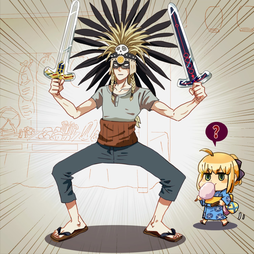 1boy, ?, arthur_pendragon_(fate), blonde_hair, blue_kimono, braid, collarbone, cotton_candy