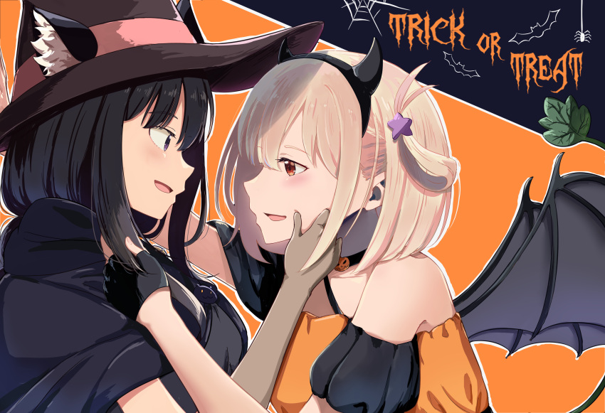 2girls, absurdres, animal_ears, bare_shoulders, bat_wings, black_cape, black_choker, black_gloves
