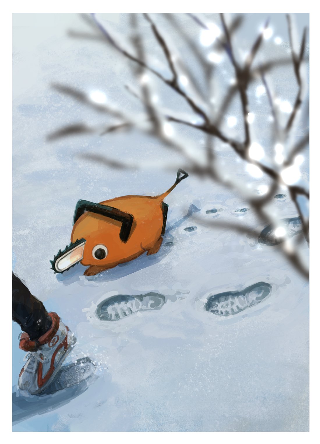 1boy, 1other, bare_tree, blurry, blurry_foreground, border, chainsaw_man, denji_(chainsaw_man), footprints, highres, looking_to_the_side, out_of_frame, pochita_(chainsaw_man), pt_sasa12, snow, tree, white_border