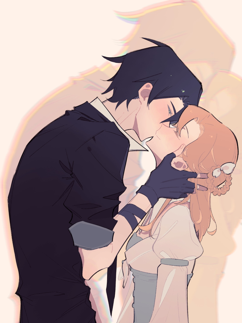 1boy, 1girl, black_gloves, black_hair, black_shirt, blue_dress, bow, braided_hair_rings