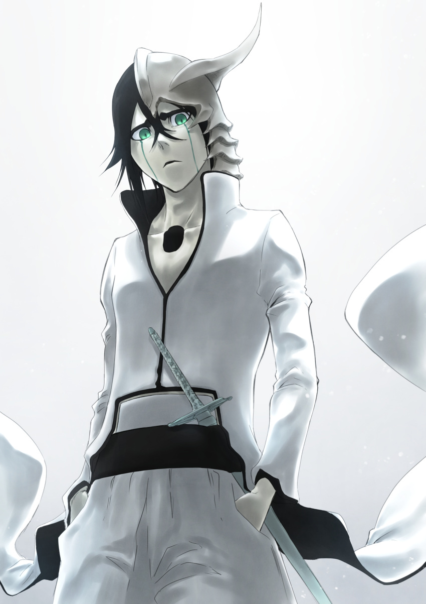 1boy, absurdres, black_hair, bleach, closed_mouth, colored_skin, commentary, cowboy_shot