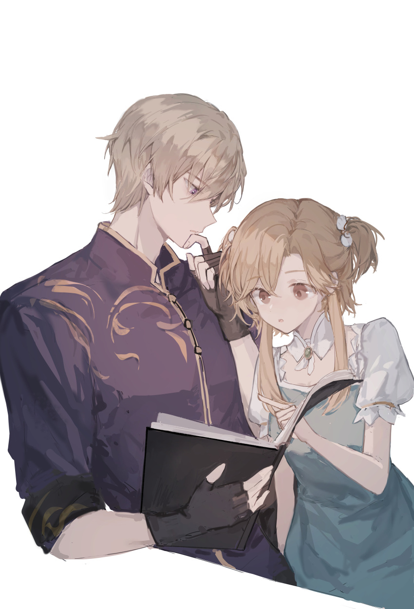 absurdres, black_gloves, blonde_hair, blue_dress, blue_shirt, book, buttons, collared_shirt