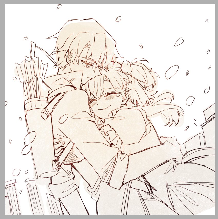 1boy, 1girl, arrow_(projectile), blush, bow_(weapon), closed_eyes, closed_mouth, collared_shirt, column, couple, dreamw, frilled_sleeves, frills, greyscale, happy, happy_tears, hetero, hug, jacket, long_sleeves, monochrome, pillar, puffy_short_sleeves, puffy_sleeves, quiver, rose_(volcano_princess), shirt, short_sleeves, simple_background, snow, tears, volcano_princess, weapon, ze_(volcano_princess)