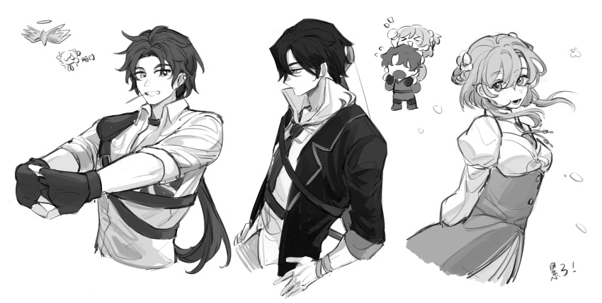3boys, absurdres, arms_behind_back, belt, bracelet, braided_hair_rings, chibi, choker
