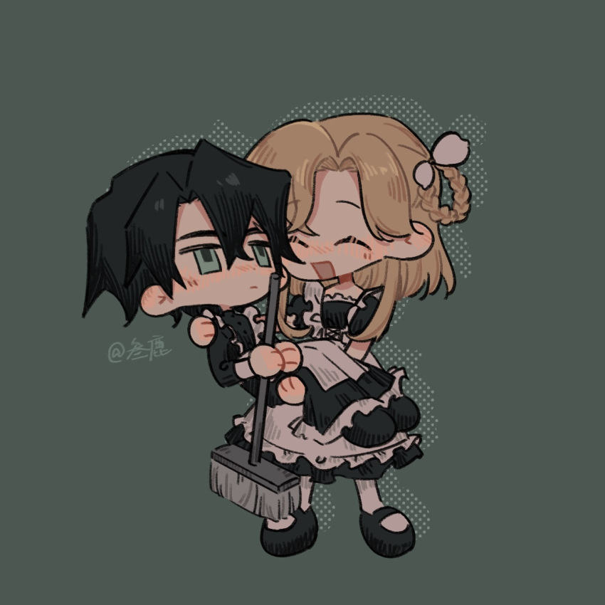 1boy, 1girl, apron, black_dress, black_footwear, blush, braided_hair_rings, broom, carrying, chibi, closed_eyes, dress, frilled_dress, frills, highres, holding, holding_broom, leiantianxiadiyixd, long_sleeves, open_mouth, orange_hair, parted_bangs, rose_(volcano_princess), shoes, smile, socks, volcano_princess, white_apron, white_socks, ze_(volcano_princess)