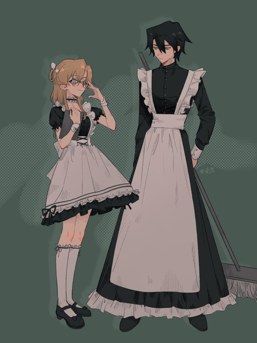 1boy, 1girl, apron, black_dress, black_footwear, black_hair, braided_hair_rings, broom