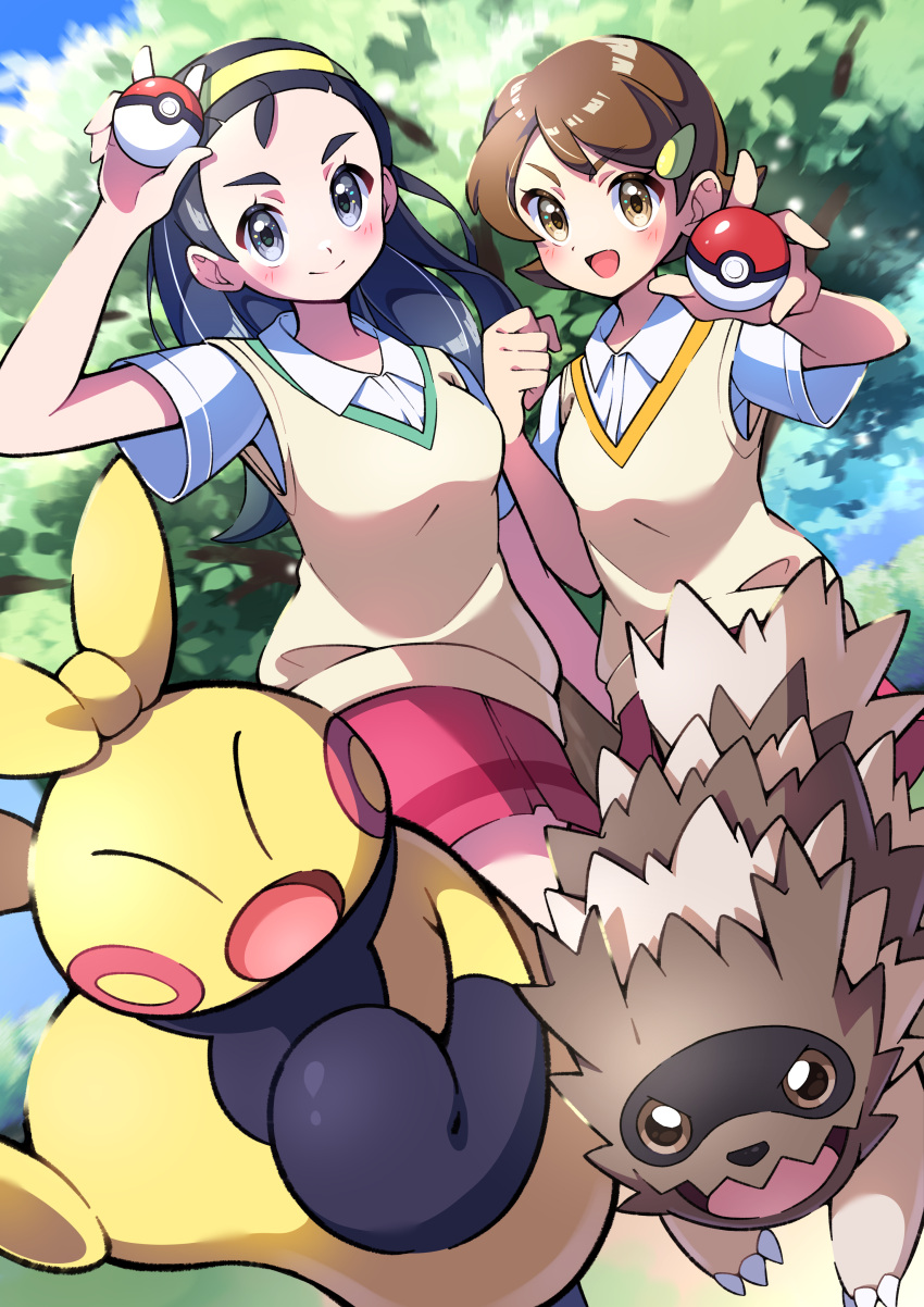 2girls, :d, absurdres, black_hair, blush, brown_eyes, clenched_hand, collared_shirt