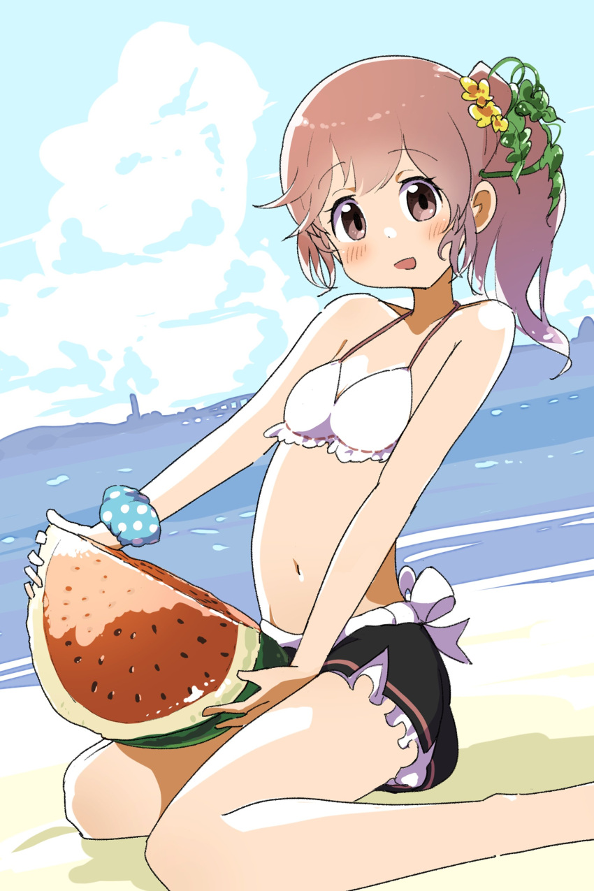1girl, absurdres, alternate_costume, bare_shoulders, beach, bikini, bikini_top_only, black_shorts