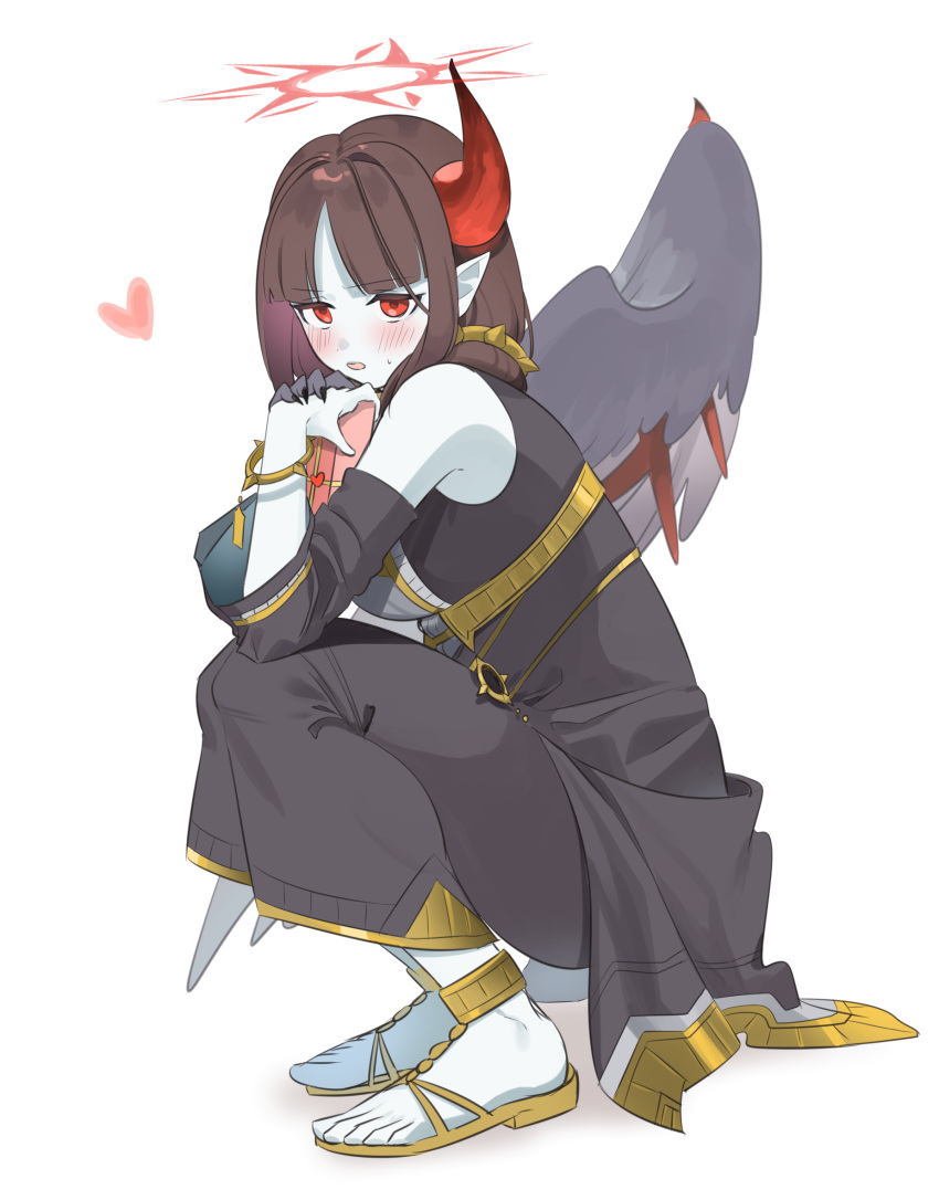 1girl, black_dress, blush, bracelet, brown_hair, demon_horns, detached_sleeves, dress