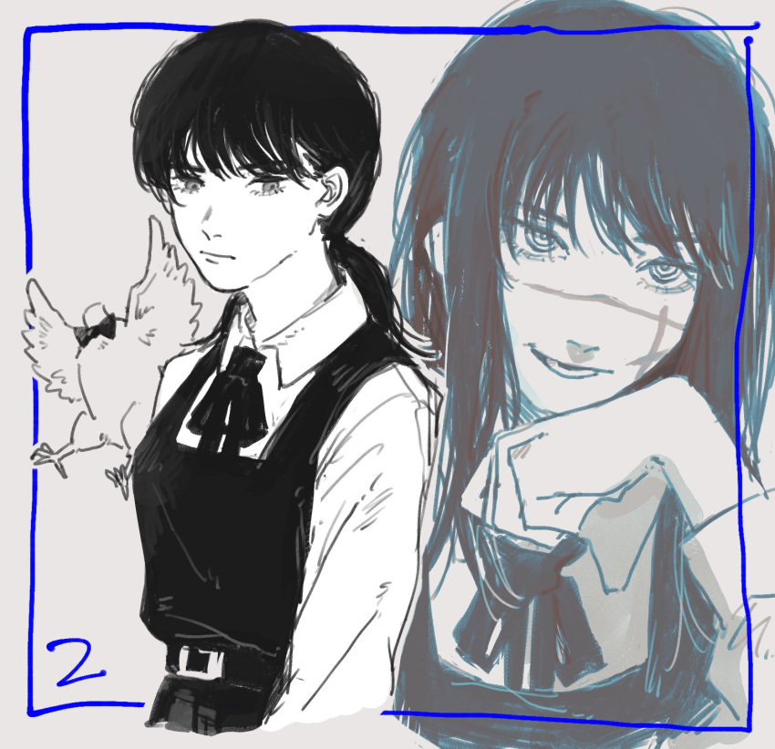 2girls, bird, black_hair, black_necktie, bucky_(chainsaw_man), chainsaw_man, chicken, cross_scar
