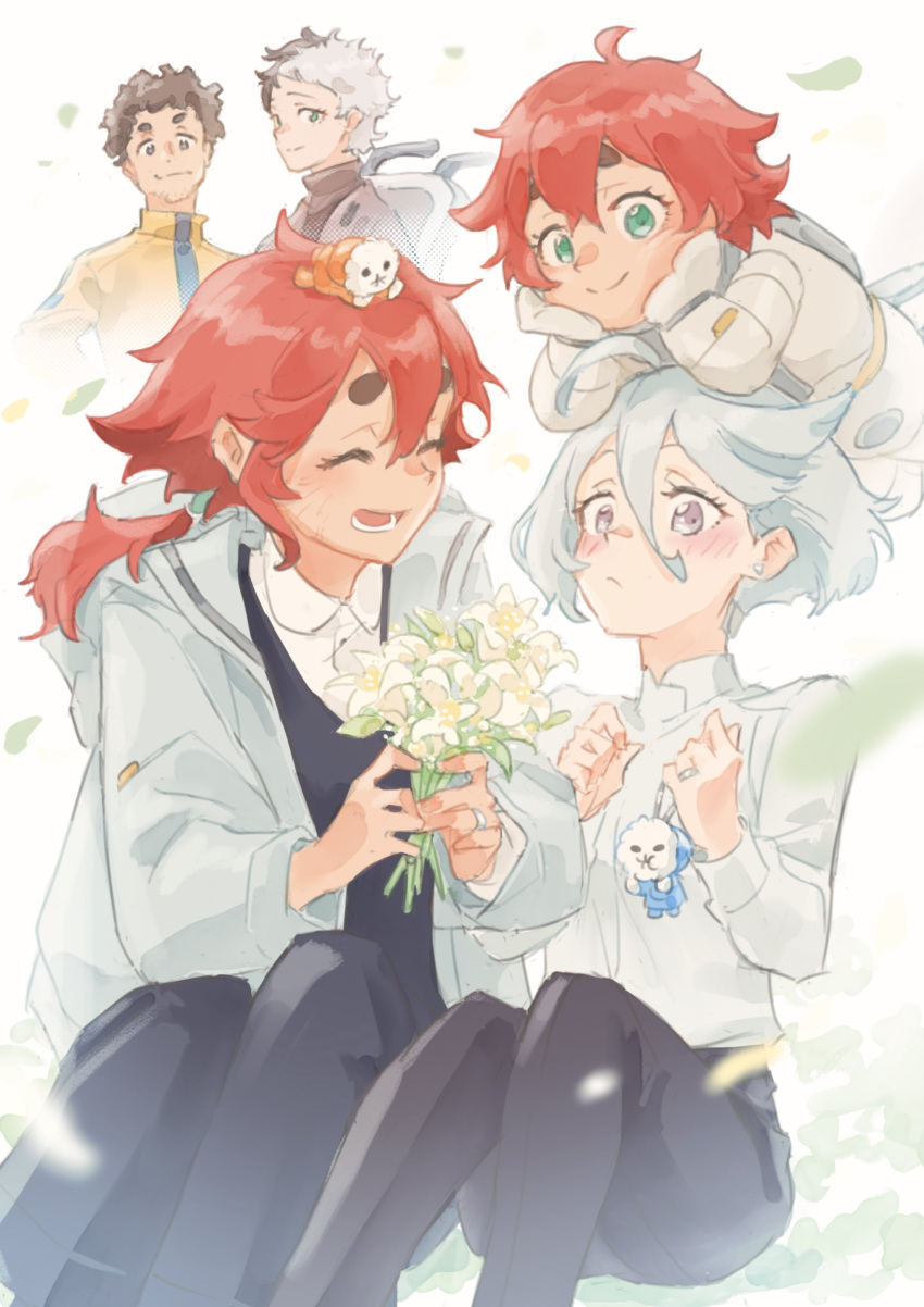 1boy, 4girls, absurdres, black_pants, blush, bouquet, brown_eyes, brown_hair, closed_mouth, commentary_request, cool_(gundam_suisei_no_majo), couple, earrings, ericht_samaya, facial_hair, falling_leaves, family, father_and_daughter, green_eyes, grey_eyes, grey_jacket, gundam, gundam_suisei_no_majo, highres, holding, holding_bouquet, hots_(gundam_suisei_no_majo), jacket, jewelry, leaf, long_hair, miorine_rembran, mother_and_daughter, multicolored_hair, multiple_girls, nadim_samaya, pants, prospera_mercury, redhead, ring, scar, scar_on_cheek, scar_on_face, shirt, short_hair, siblings, simple_background, sisters, sitting, smile, spacesuit, stubble, stud_earrings, suletta_mercury, thick_eyebrows, two-tone_hair, wedding_ring, wheelchair, white_background, white_shirt, wife_and_wife, yaco_(085), yellow_jacket, yuri