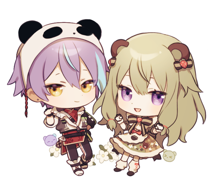 1boy, 1girl, animal_ears, ap5ry, bear_ears, black_pants, blue_hair, bow