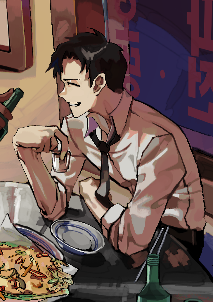 2boys, black_hair, black_necktie, black_pants, chair, closed_eyes, collared_shirt, cup