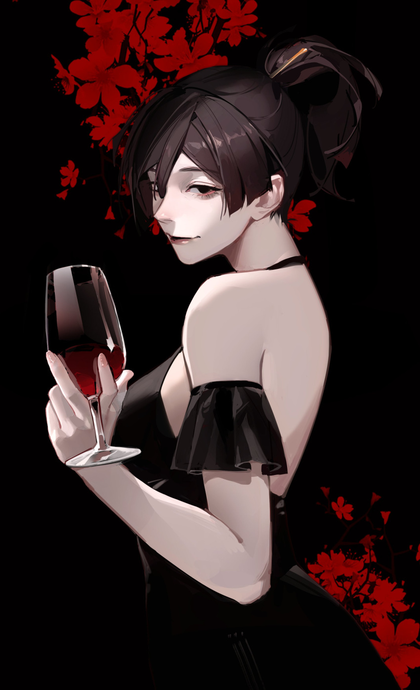 1boy, 1girl, absurdres, black_background, black_dress, brown_hair, cup, dark_background