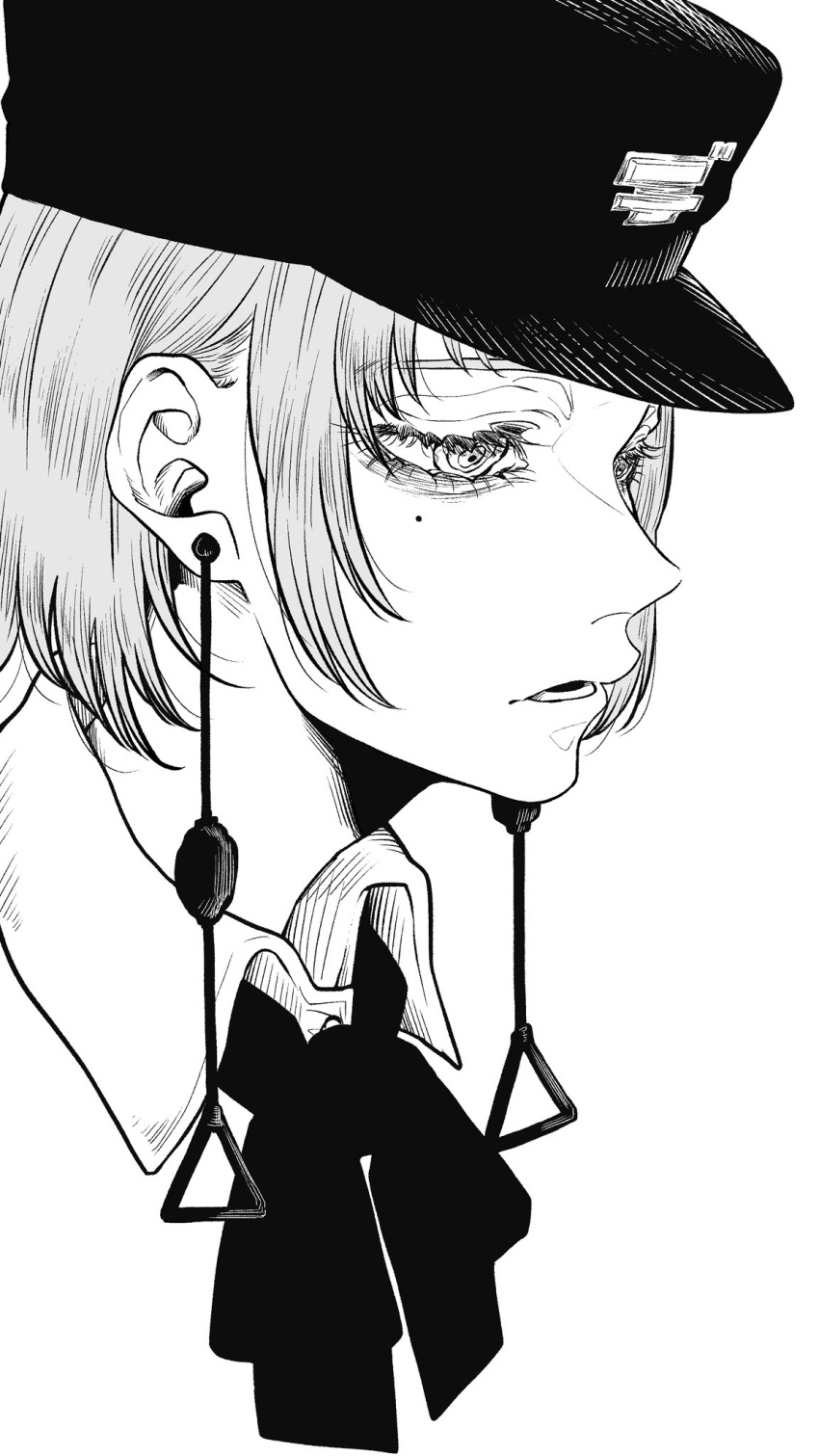 1girl, chainsaw_man, earrings, fami_(chainsaw_man), greyscale, haru_rice, hat, highres