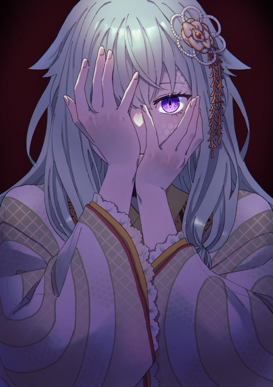 1girl, commentary_request, covered_mouth, covering_face, fingernails, green_hair, hair_ornament, hands_up, highres, kusanagi_nene, long_hair, long_sleeves, looking_at_viewer, m_ccc_chi, one_eye_covered, project_sekai, sidelocks, solo, upper_body, violet_eyes