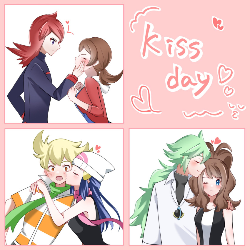 3boys, 3girls, barry_(pokemon), beanie, black_shirt, black_vest, blonde_hair, blush