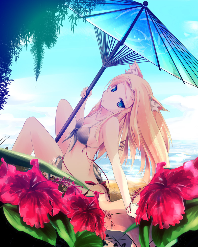 arm_support, beach, bikini, blonde_hair, blue_eyes, earrings, flower, fox_ears