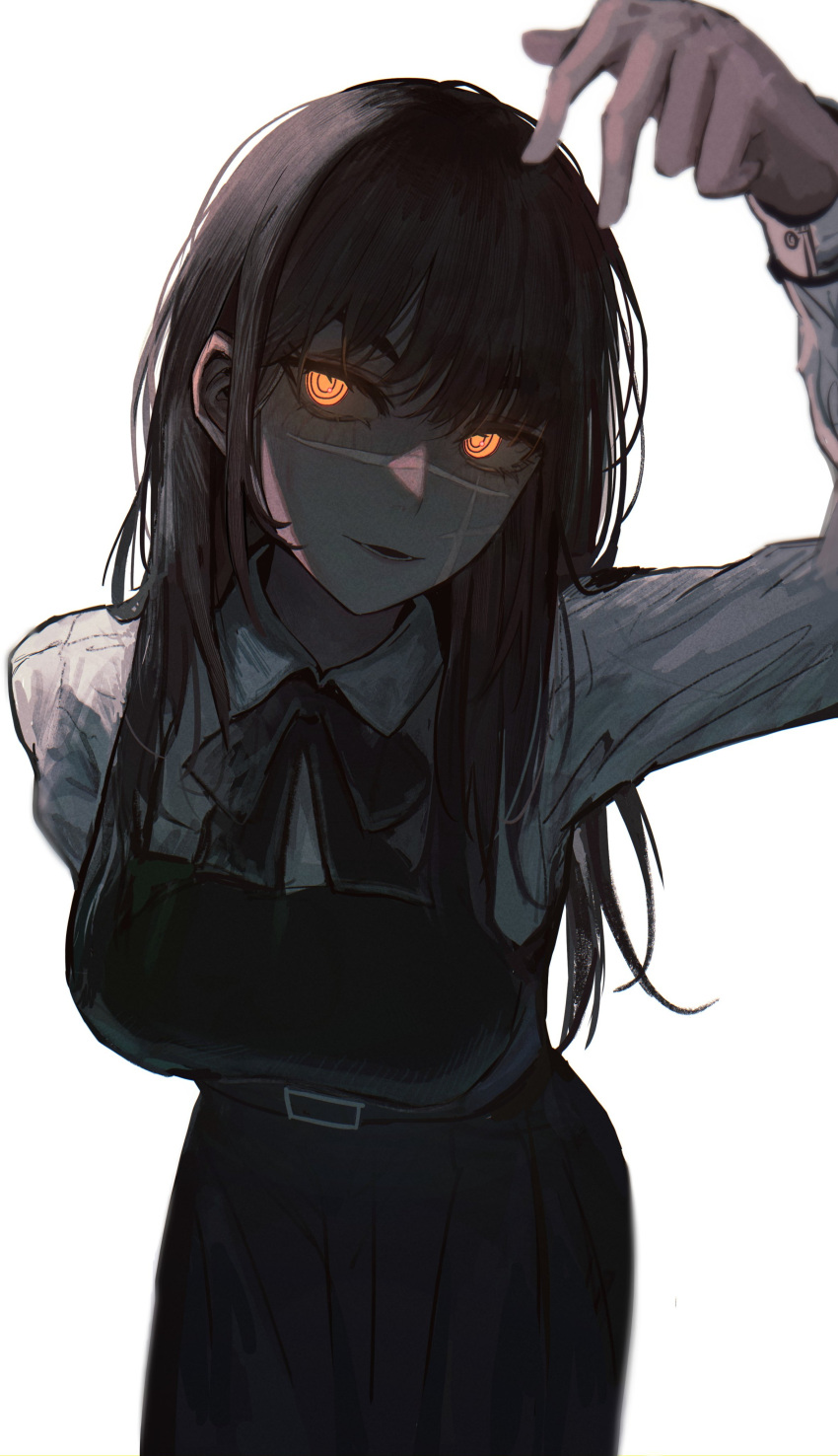 1girl, absurdres, arm_behind_back, arm_up, black_hair, chainsaw_man, cross_scar, dress, fourth_east_high_school_uniform, glowing, glowing_eyes, highres, kotowaza, long_hair, looking_at_viewer, pinafore_dress, ringed_eyes, scar, scar_on_cheek, scar_on_face, school_uniform, simple_background, sleeveless, sleeveless_dress, solo, white_background, yellow_eyes, yoru_(chainsaw_man)