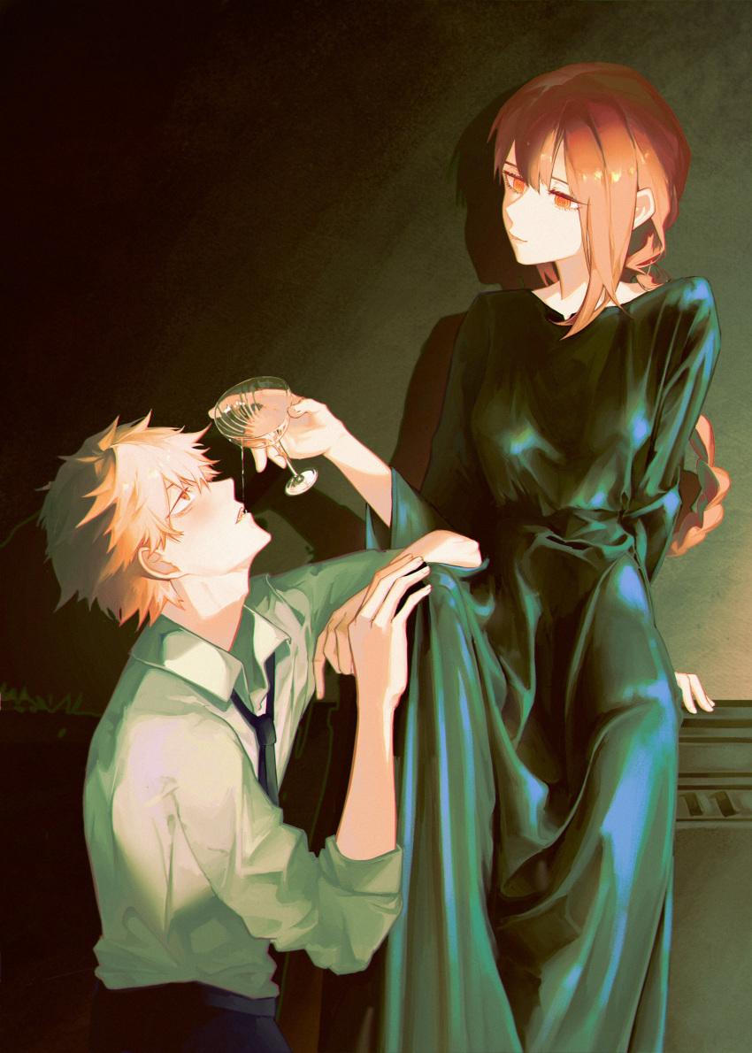 1boy, 1girl, absurdres, black_dress, black_necktie, black_pants, blonde_hair, braid