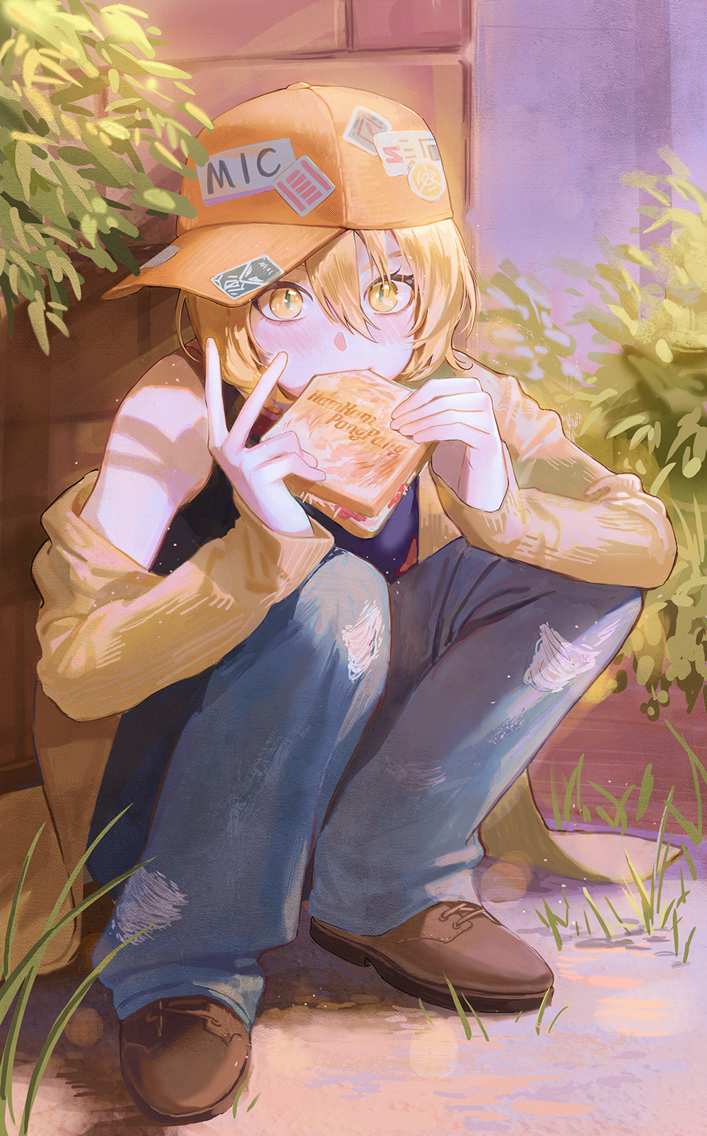 1girl, baseball_cap, biting, blonde_hair, blue_shirt, blush, brick, brick_wall