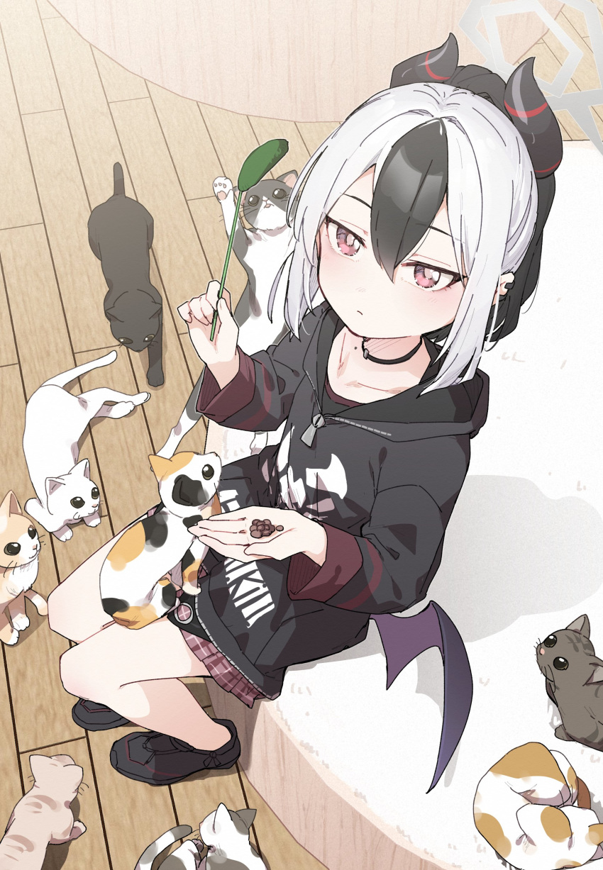 1girl, absurdres, animal, bat_wings, black_choker, black_footwear, black_hair, black_horns