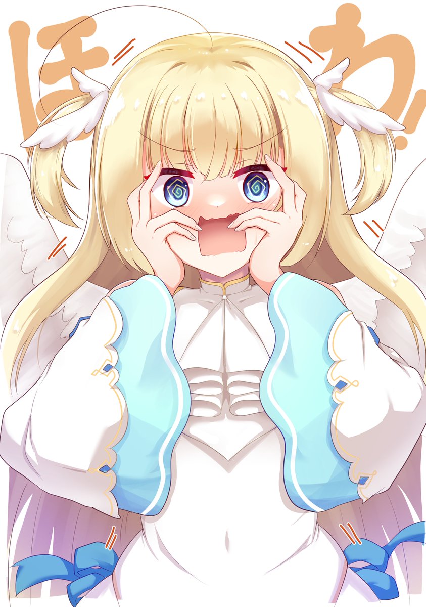 1girl, @_@, ahoge, angel, angel_wings, ascot, blonde_hair, blue_eyes
