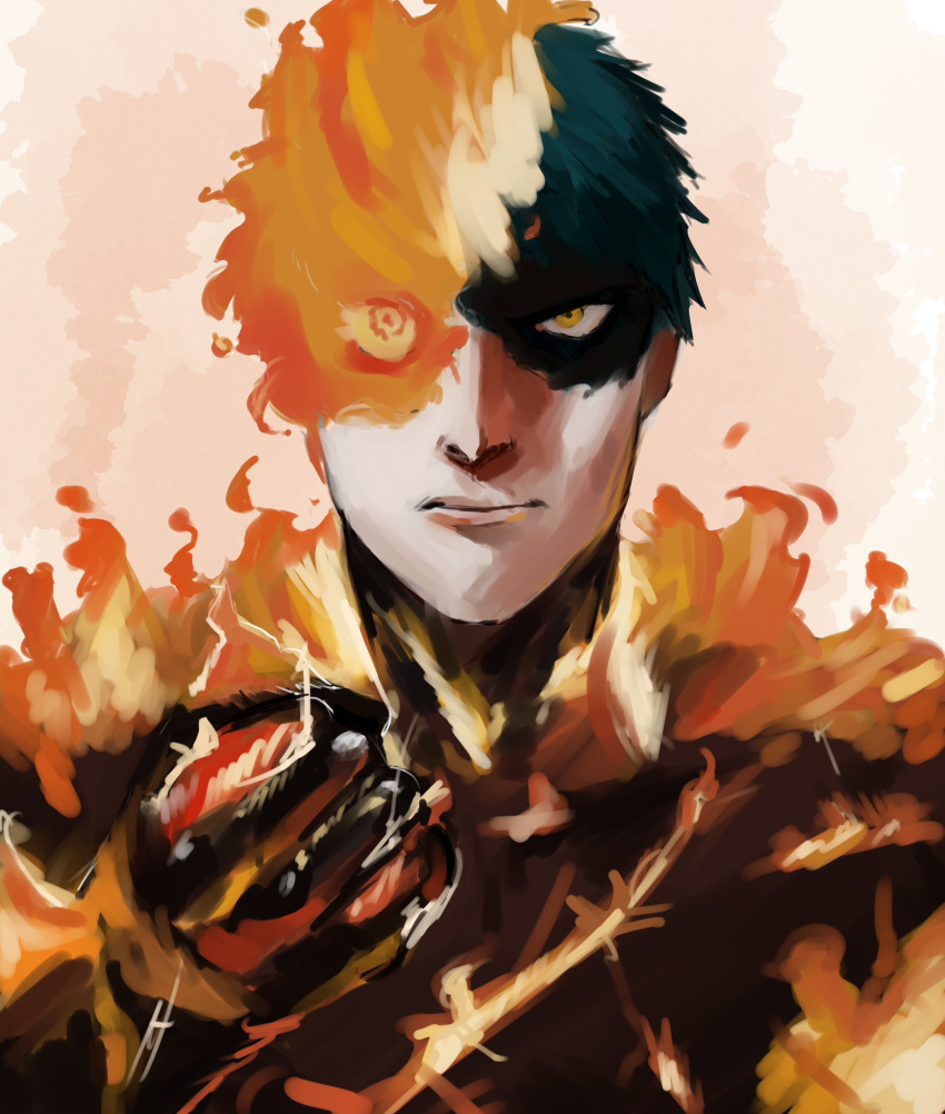 1boy, agni_(fire_punch), agni_face_(meme), black_hair, burn_scar, burning, clenched_hand, fire_punch, flaming_eye, goldenpenhd, highres, looking_at_viewer, meme, scar, short_hair, solo, yellow_eyes