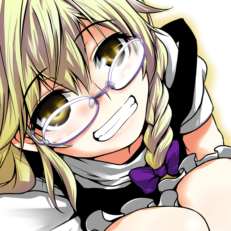 bad_id, bespectacled, blonde_hair, braid, close-up, copycat_(dryfood), copycat_(homura), duplicate