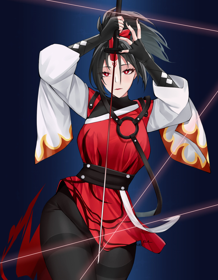 1girl, adapted_costume, akatsuki_records, aroevela, black_background, black_hair, black_nails, bright_pupils