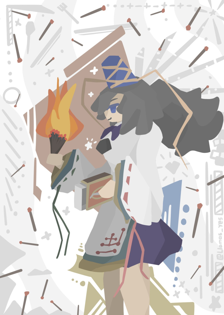 1girl, blue_eyes, fire, fork, from_side, grey_hair, hat, highres