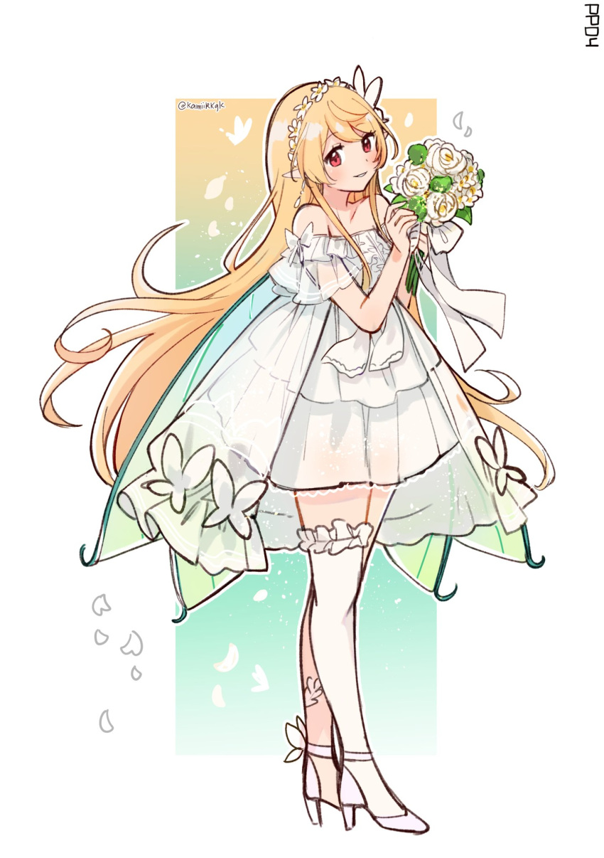 1girl, alternate_costume, blonde_hair, blush, dress, earrings, fairy, fairy_wings