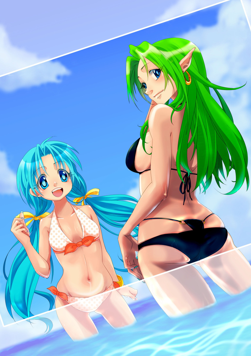 absurdres, akiyama_tooru, bad_id, bikini, blue_eyes, blue_hair, earrings, green_hair