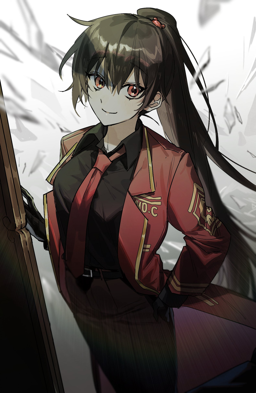 absurdres, bear_hair_ornament, belt, black_belt, black_gloves, black_shirt, breasts, brown_hair