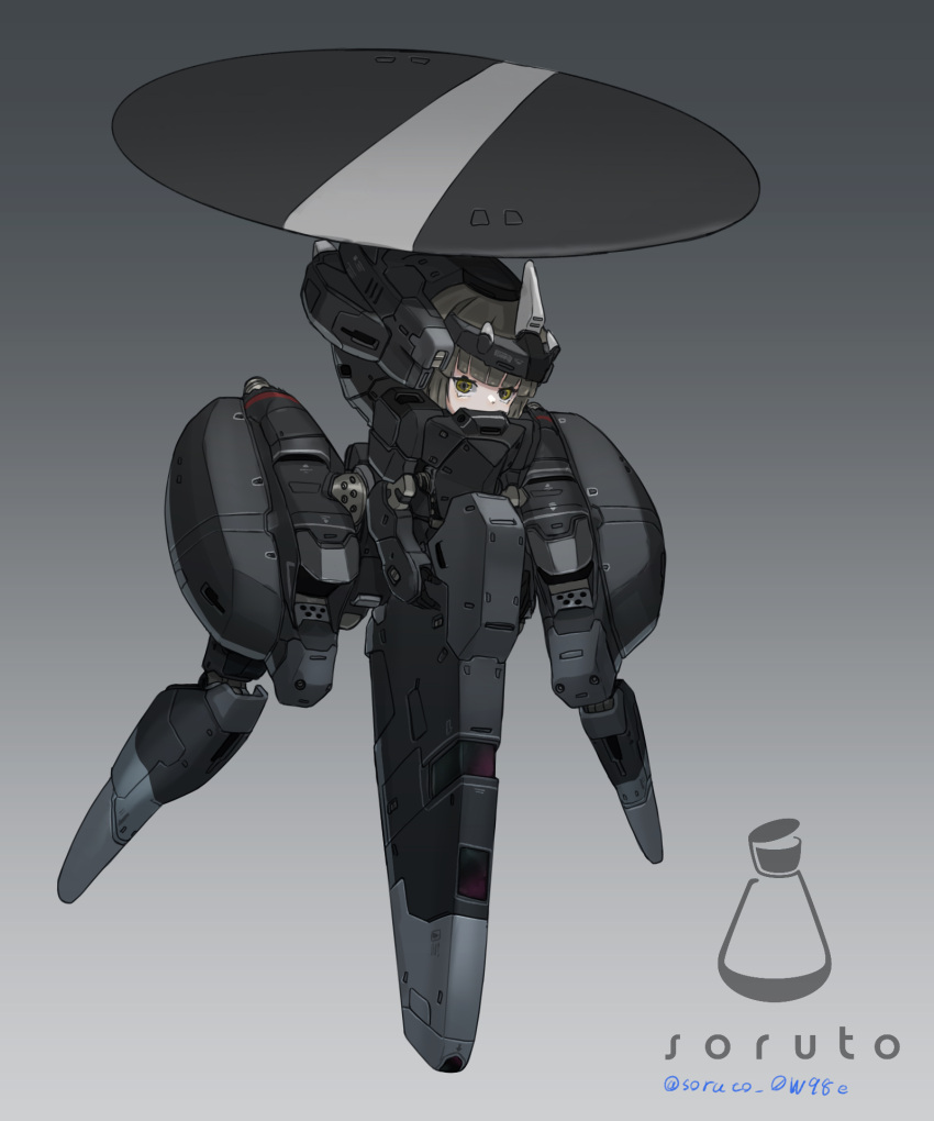 1girl, armor, commentary_request, covered_mouth, forehead_protector, full_body, gradient_background, grey_background, highres, joints, looking_at_viewer, mecha_musume, original, radar_dish, robot_joints, solo, soruto_0w98e, yellow_eyes