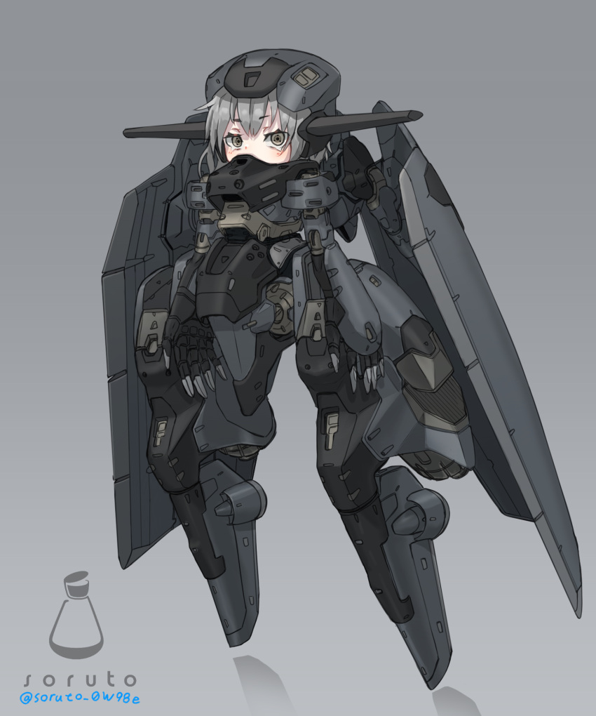 1girl, armor, arms_at_sides, commentary_request, covered_mouth, full_body, grey_background, grey_hair, helmet, highres, joints, looking_at_viewer, mecha_musume, mechanical_wings, original, robot_joints, short_hair, solo, soruto_0w98e, standing, wings, yellow_eyes