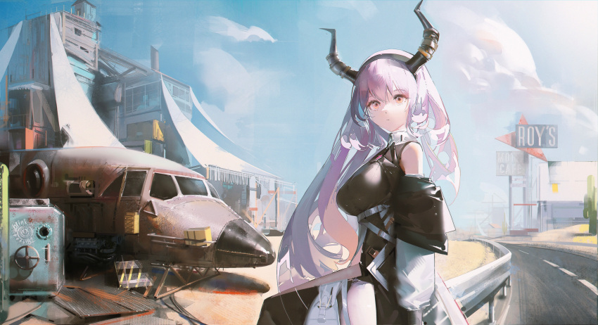 1girl, absurdres, aircraft, arknights, bare_shoulders, black_dress, black_horns, blue_sky