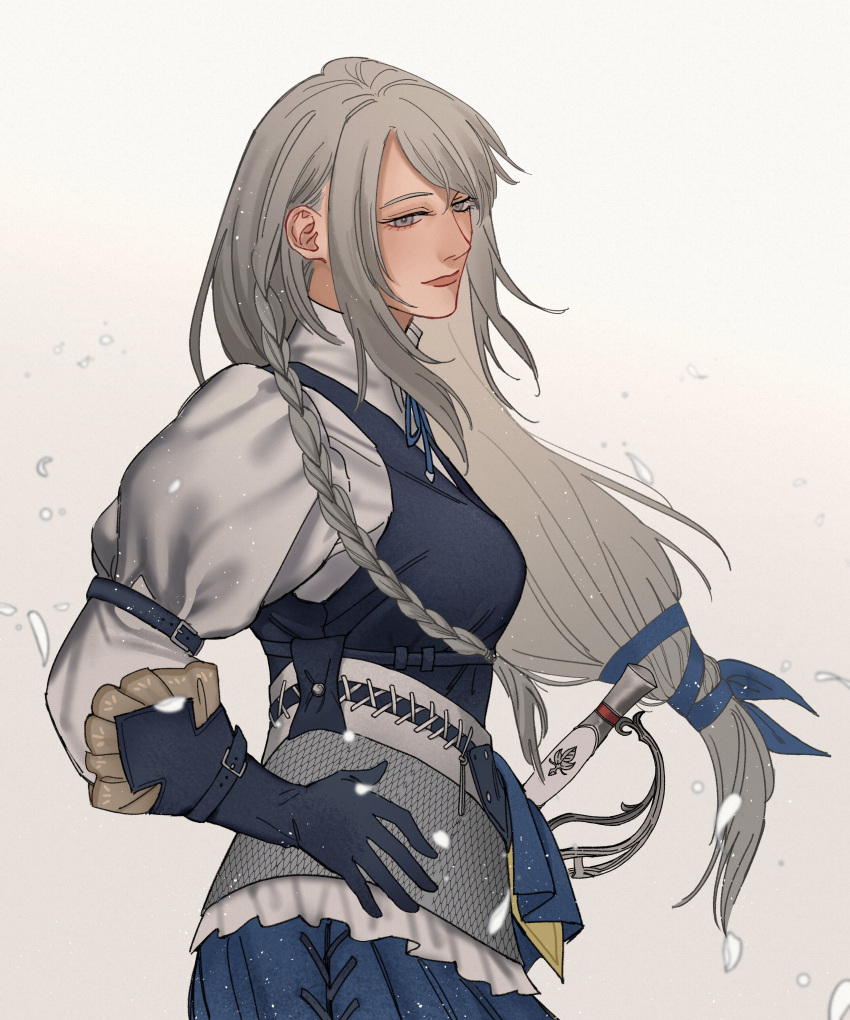 1girl, absurdres, blue_gloves, blue_vest, braid, closed_mouth, cropped_legs, doopee205