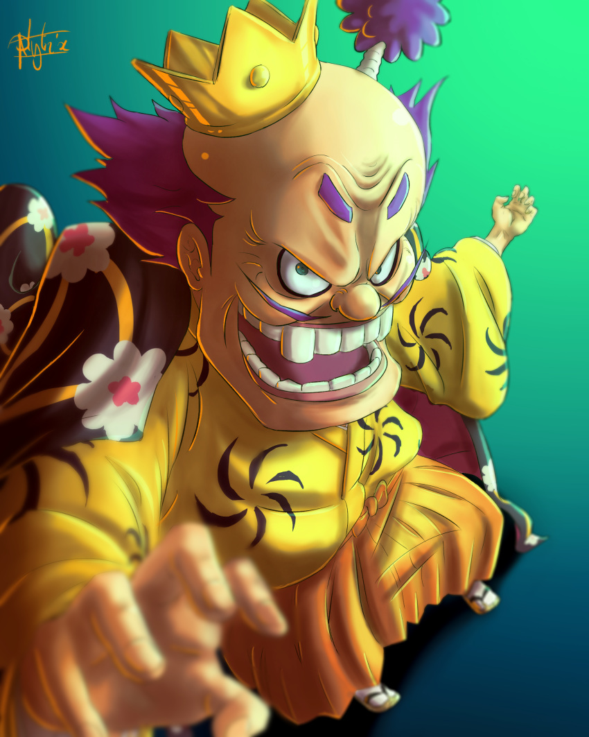1boy, absurdres, crown, facial_hair, full_body, highres, japanese_clothes, kurozumi_orochi, looking_at_viewer, mustache, nytrix-germimi, one_piece, open_mouth, purple_hair, short_hair, signature, smile, solo, teeth, topknot, traditional_clothes