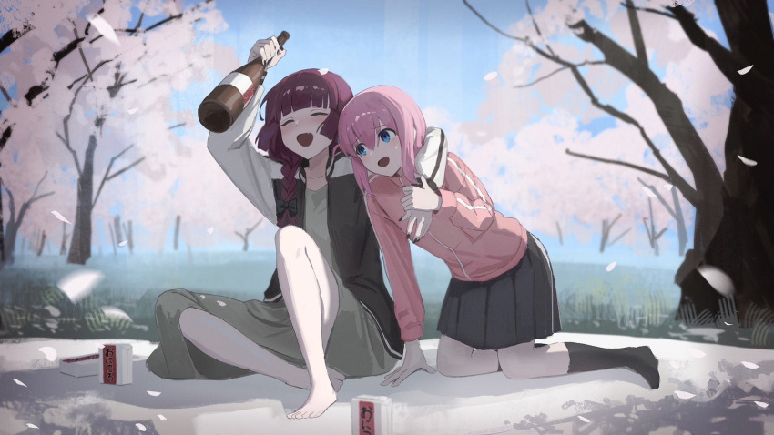 2girls, barefoot, black_jacket, black_skirt, black_socks, blue_eyes, blurry, blush