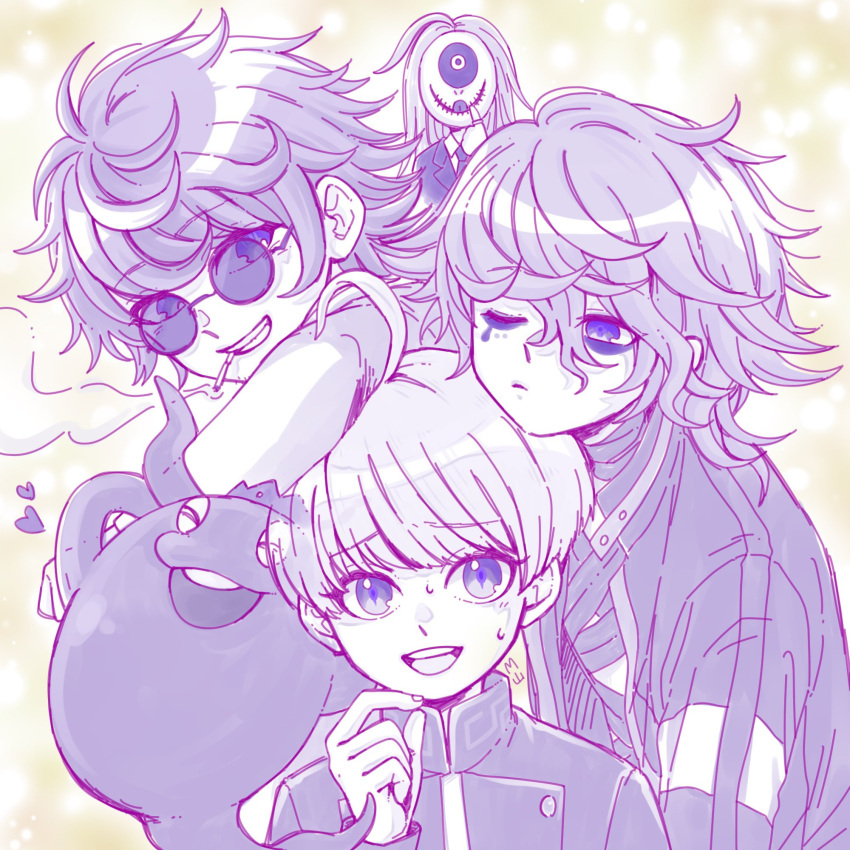 4boys, ahoge, cigarette, closed_eyes, closed_mouth, commentary_request, covered_face, crown