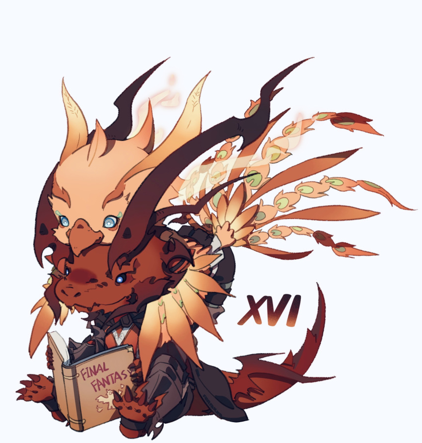 2boys, beak, bird, blue_eyes, book, brothers, carrying, clive_rosfield, clive_rosfield_(cosplay), cosplay, feathered_wings, feathers, fermium.ice, final_fantasy, final_fantasy_xvi, fire, highres, holding, holding_book, horns, ifrit_(final_fantasy), joshua_rosfield, monster, multiple_boys, open_book, phoenix, phoenix_(final_fantasy), piggyback, reading, shoulder_carry, siblings, simple_background, sitting, tail, wings