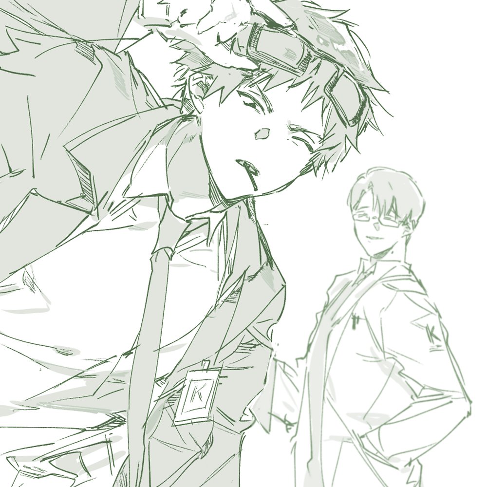 2boys, adjusting_eyewear, coat, collared_shirt, dongrang_(limbus_company), eyewear_on_head, glasses, greyscale