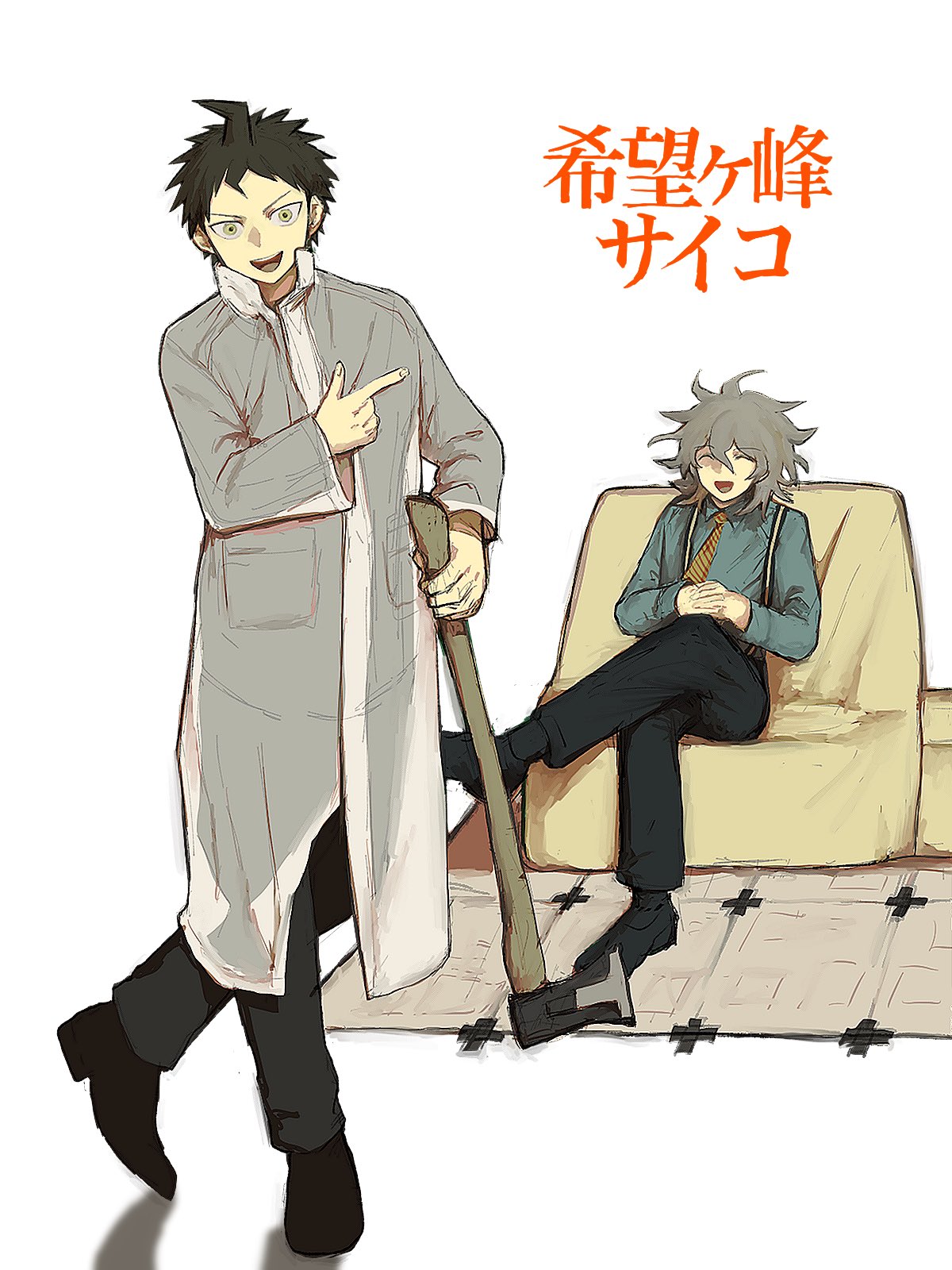 2boys, ahoge, american_psycho, axe, black_footwear, black_pants, blue_shirt, brown_hair