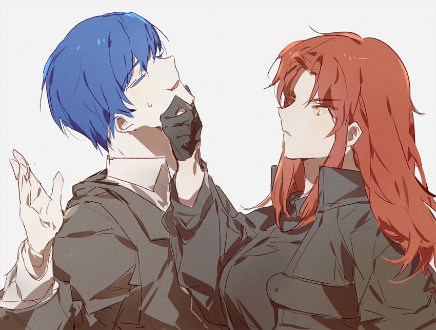 1boy, 1girl, black_coat, black_gloves, black_shirt, blue_hair, closed_eyes, coat, daniel_(project_moon), gloves, hand_on_another's_chin, kali_(project_moon), lobotomy_corporation, long_hair, munjiduck, project_moon, redhead, shirt, sidelocks, sweat, very_long_hair, white_shirt, yellow_eyes