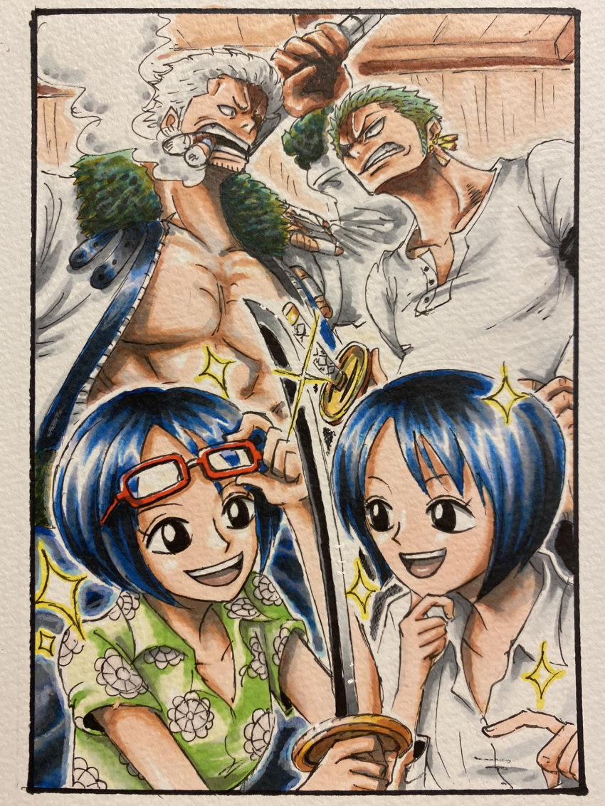 2boys, 2girls, black_eyes, blue_hair, cigar, daichan_op, earrings, eyewear_on_head