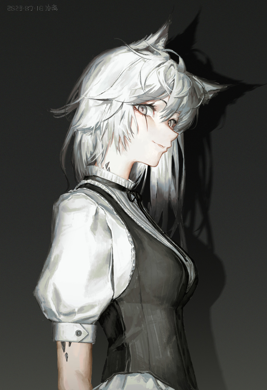 1girl, absurdres, alternate_costume, animal_ears, arknights, bow, enmaided, grey_eyes, highres, lappland_(arknights), lingear, looking_at_viewer, looking_to_the_side, maid, pale_skin, profile, puffy_sleeves, shadow, signature, simple_background, smile, solo, white_hair, wolf_ears