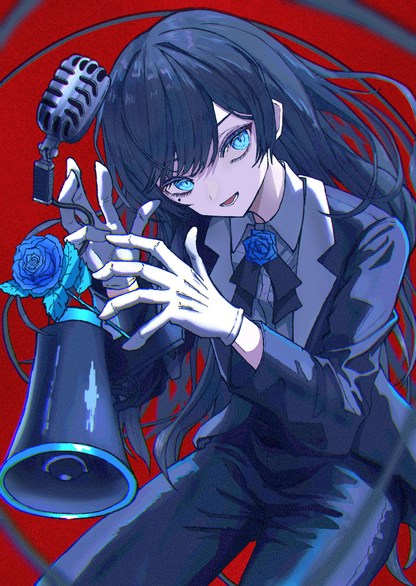 1girl, ado_(singer), aqua_eyes, black_hair, black_suit, blue_eyes, blue_flower, blue_rose