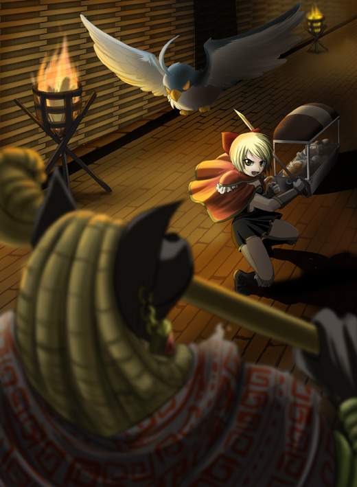 1boy, 1girl, animal, anubis_(ragnarok_online), battle, bird, black_dress, black_footwear